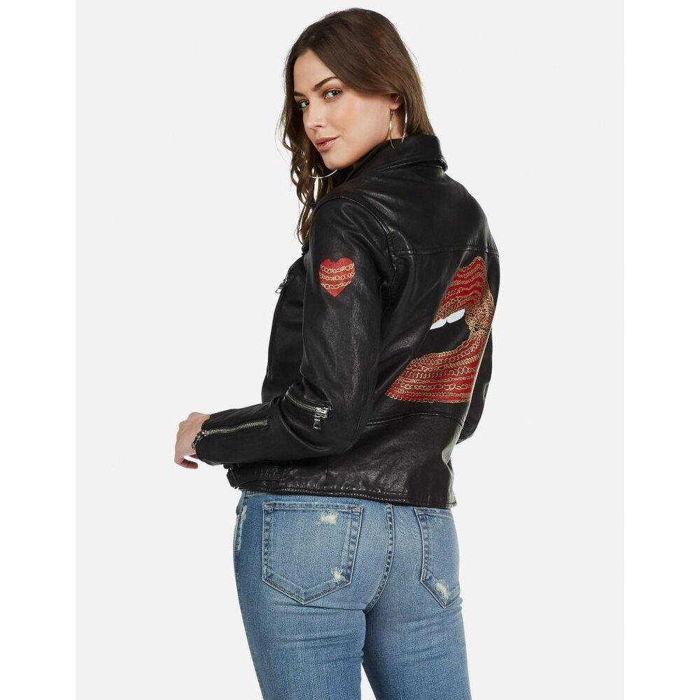 Y-4. Lauren Moshi Posey Gold Chain Lip Leather Jacket Black Small - Picture 4 of 5